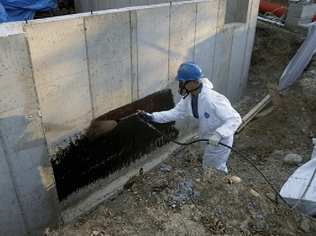 Professional waterproofing the exterior walls of the basement in Nashville, TN