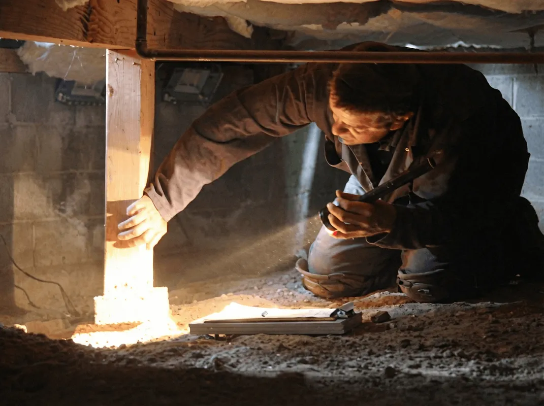 A professional inspecting wooden beams under the floor of a structure in Nashville, TN